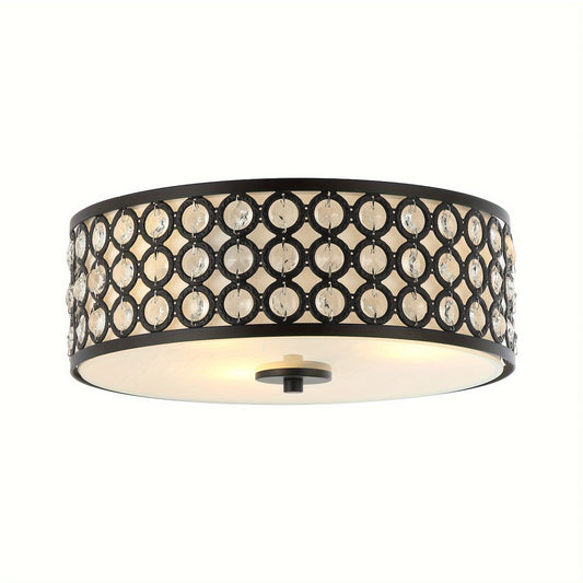 Modern 3-Light LED Crystal Flush Mount Light - Pure Metal, Black with Shade Included, Hardwired 110V-130V