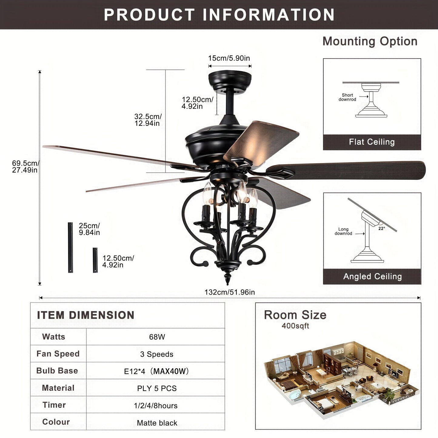 Industrial Ceiling Fan with Light, 52-inch Metal Fan with Remote Control, E14 Bulb Base, 3 Speeds, 4-Blade, Timer Function, for Indoor Home Decor, Outdoor Patio, Angled & Flat Ceiling Mounting