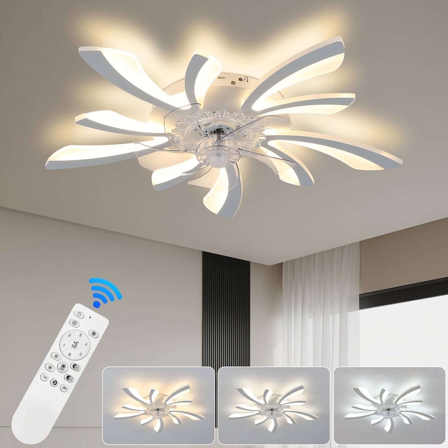 Modern Ceiling Fans with Lights and Remote, Dimmable Low Profile Ceiling Fan, Flush Mount Bladeless Ceiling Fan, Stepless Color Temperature