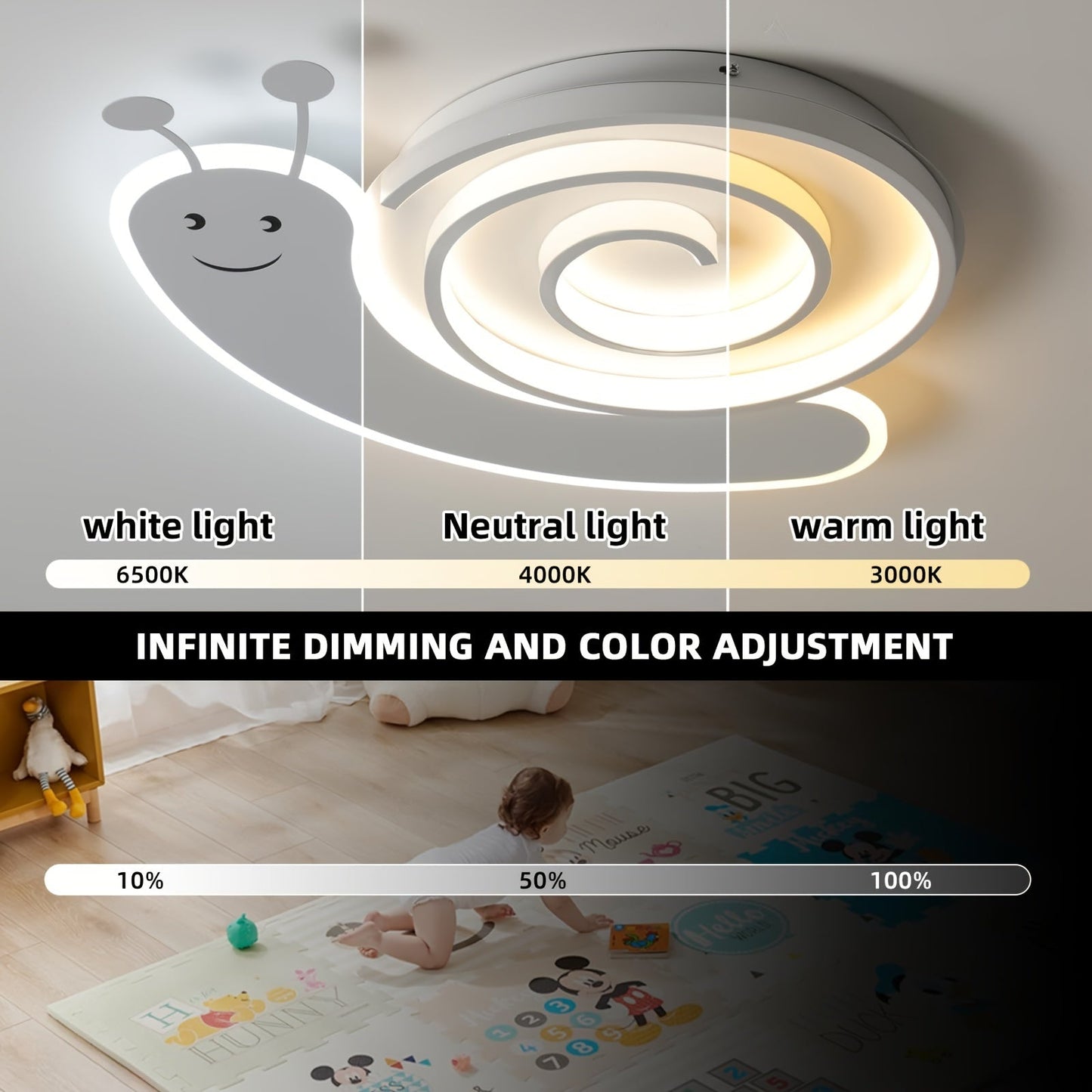 48W Snail-Shaped Dimmable Ceiling Light - Remote Control, White, Creative Design for Kids' Bedroom, Office, Kindergarten - Energy-Efficient, Eye-Catching, Easy Installation