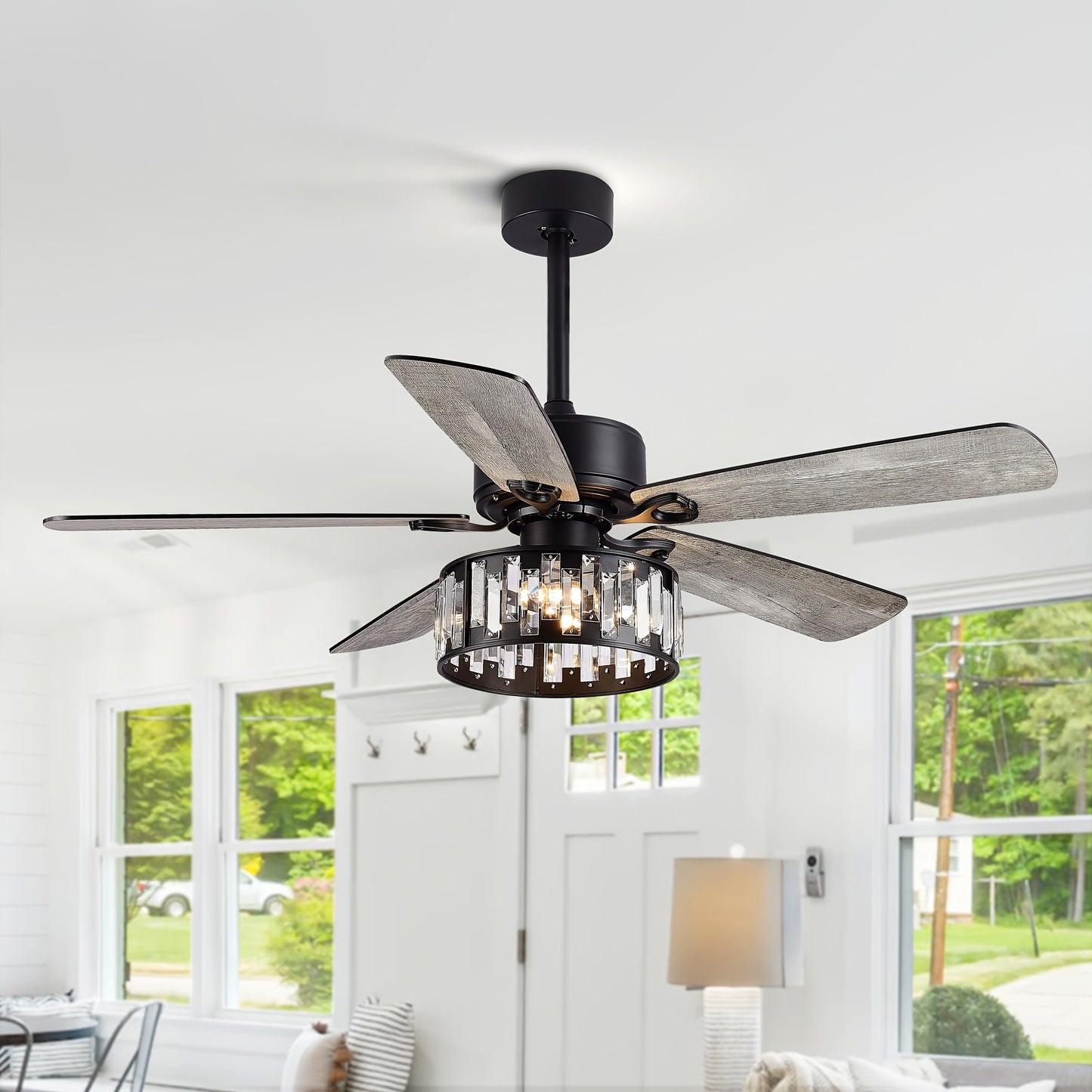 Ceiling Fan With Light, 52'' Farmhouse Downrod Ceiling Fan Lights With Remote Control, Modern And Industrial, 3x E12 Bulb Not Included, Ceiling Fans With Reversible Motor Living Room Bedroom Kitchen, Black