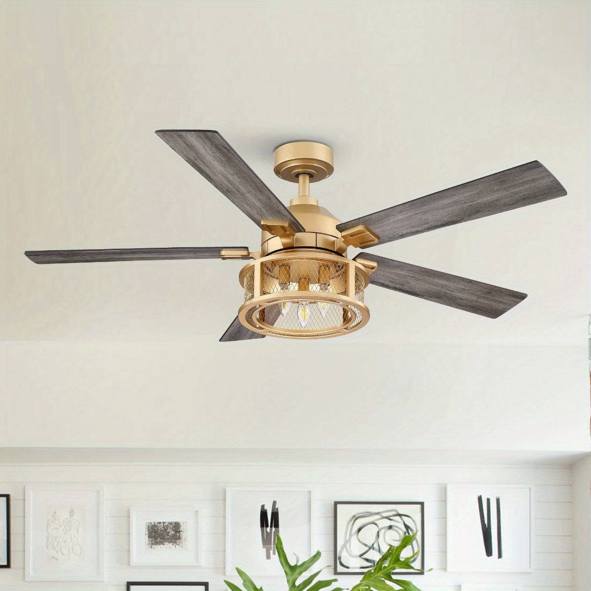 52 in. Indoor Mesh Metal Double -Sided Blade Golden Ceiling Fans with Remote Control and Light kit