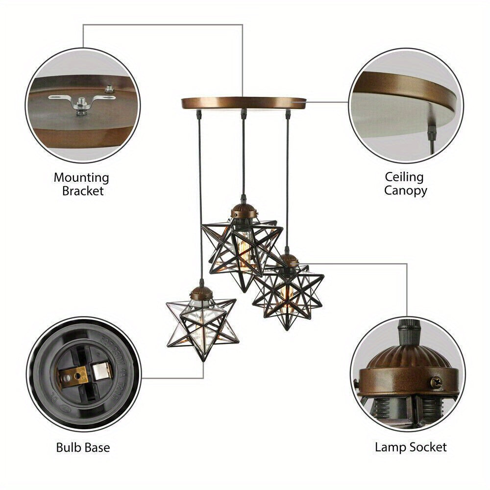 3-Light Moravian Star Glass Pendant Chandelier Light Modern Ceiling Fixture Lamp