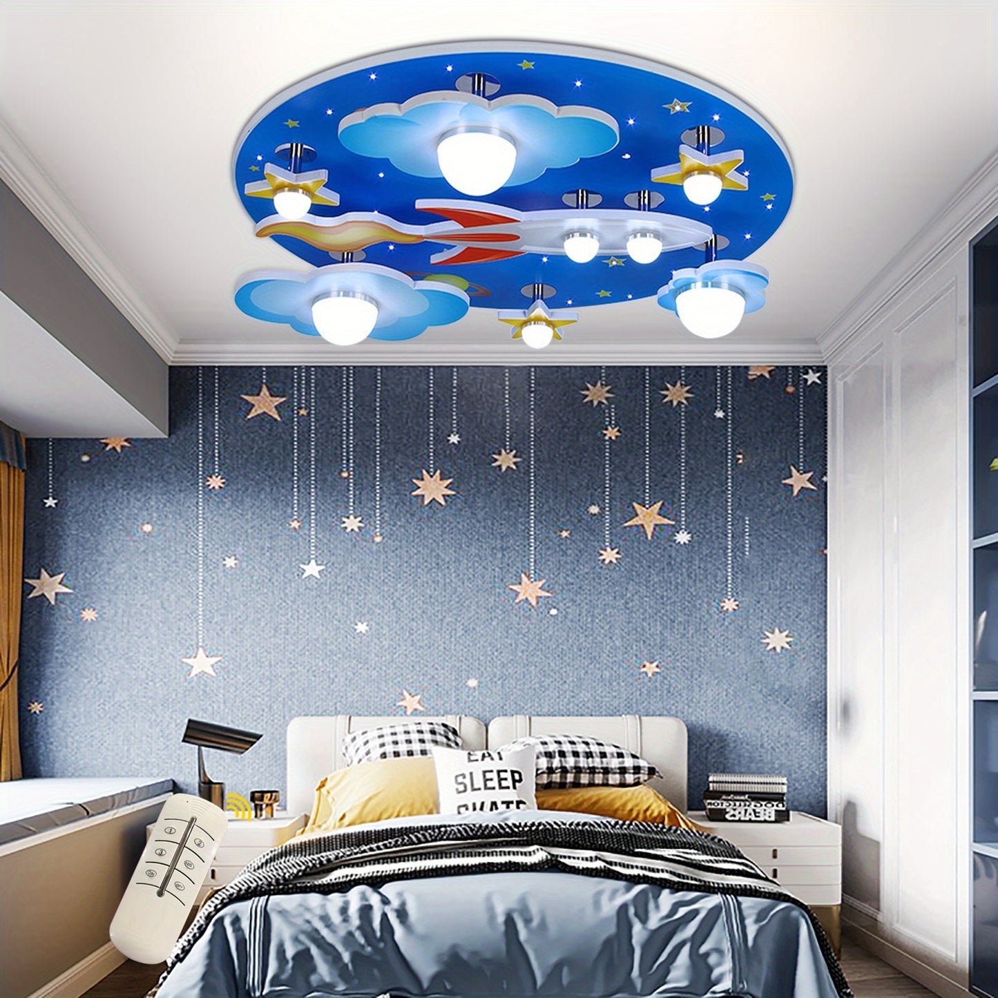 Modern Star Rocket LED Ceiling Lamp Cartoon Airplane Ceiling Lamp Plane Through The Clouds Plane Stars Near Ceiling Bedroom Lighting Fixture