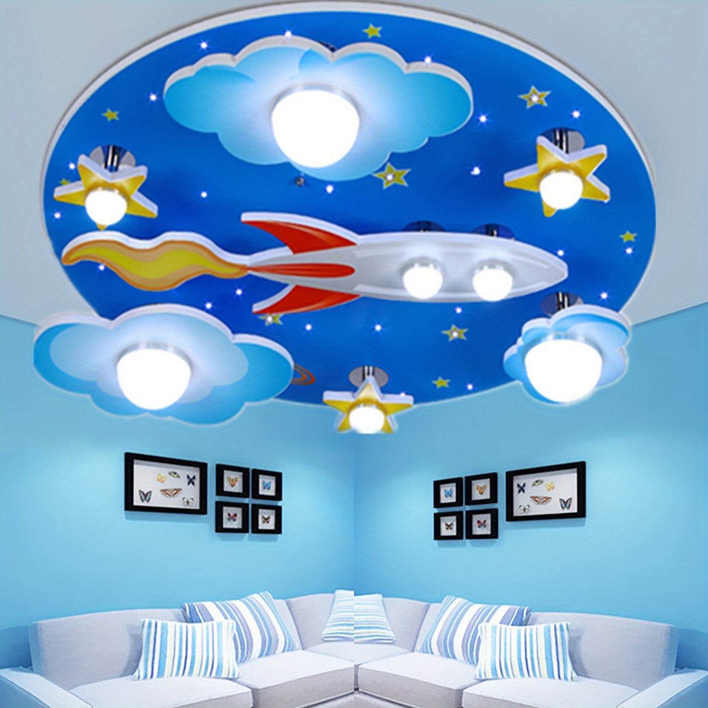 Modern Star Rocket LED Ceiling Lamp Cartoon Airplane Ceiling Lamp Plane Through The Clouds Plane Stars Near Ceiling Bedroom Lighting Fixture