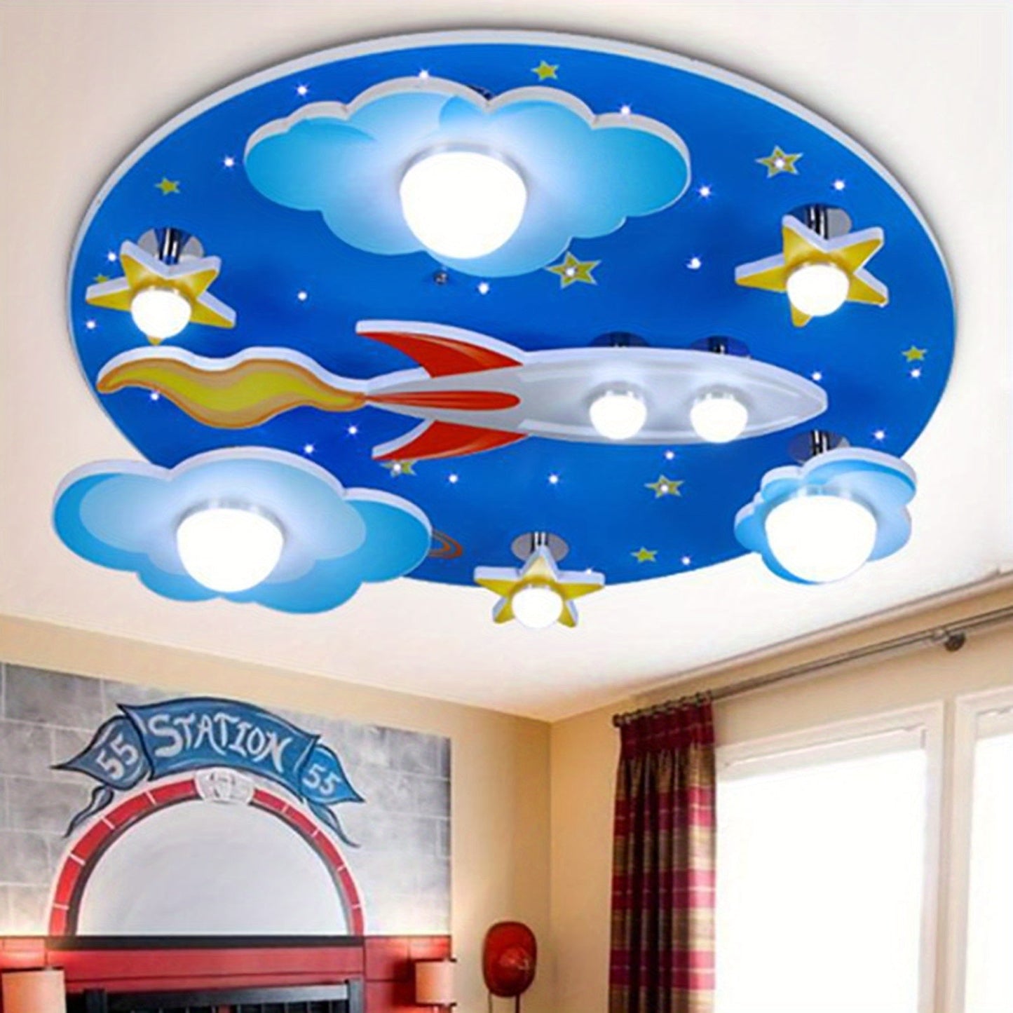 Modern Star Rocket LED Ceiling Lamp Cartoon Airplane Ceiling Lamp Plane Through The Clouds Plane Stars Near Ceiling Bedroom Lighting Fixture