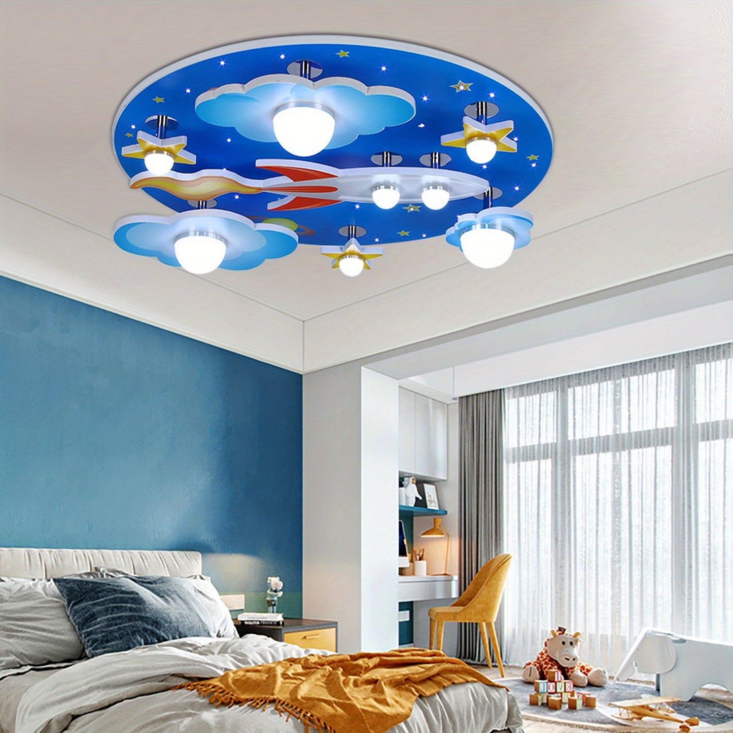 Modern Star Rocket LED Ceiling Lamp Cartoon Airplane Ceiling Lamp Plane Through The Clouds Plane Stars Near Ceiling Bedroom Lighting Fixture