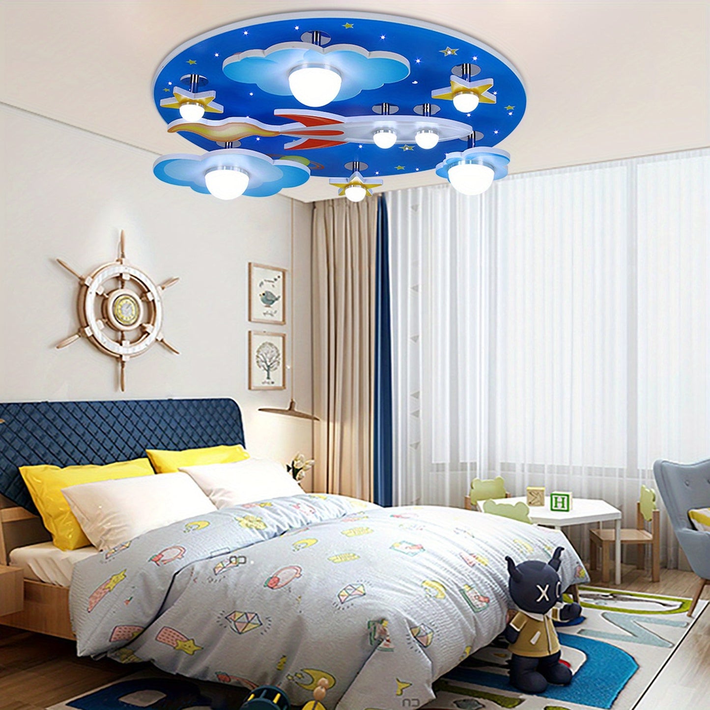 Modern Star Rocket LED Ceiling Lamp Cartoon Airplane Ceiling Lamp Plane Through The Clouds Plane Stars Near Ceiling Bedroom Lighting Fixture