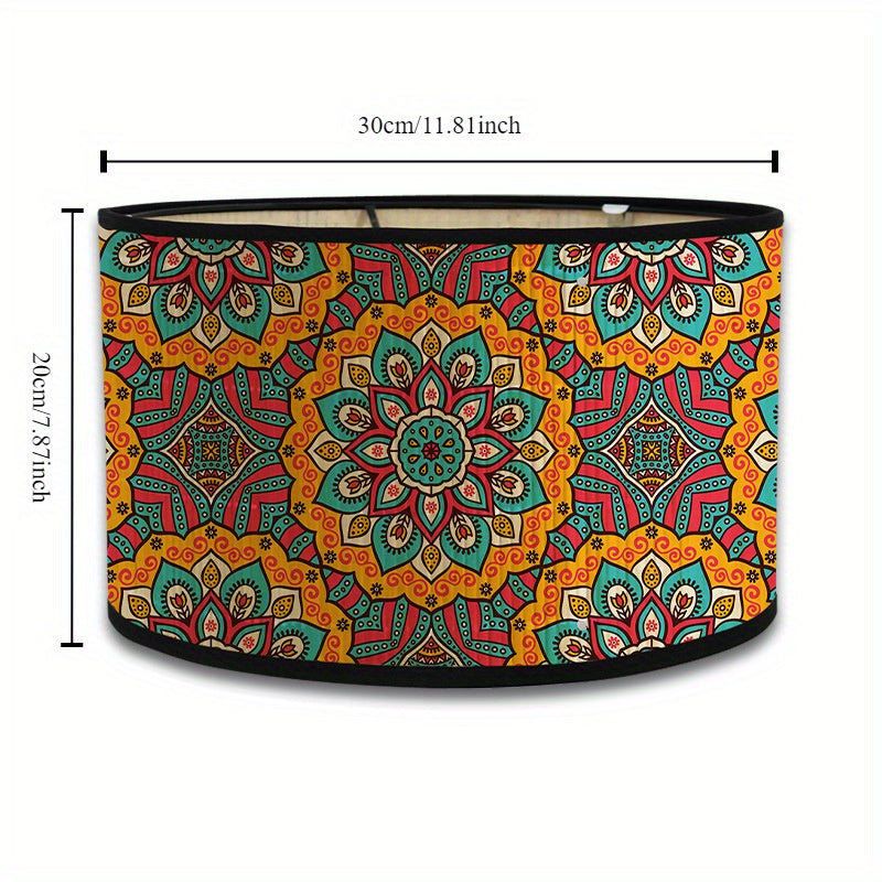 Mandala Print Bamboo Drum Lampshade for E27 Bulb, Traditional Handcrafted Ceiling, Table, Wall Light Cover for Living Room, Bedroom, Guesthouse, Hotel Decor - No Wiring, No Battery Required