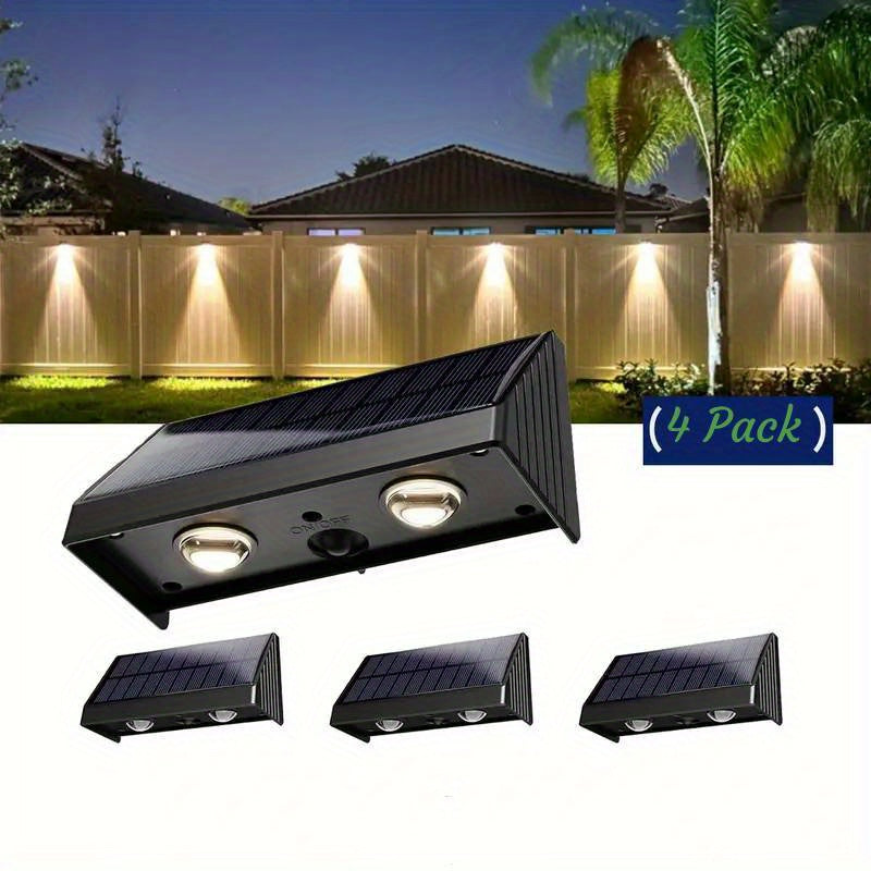 4-Pack Solar Fence Lights -50 Lumens Bright, Outdoor, Wall Lights with Warm White and Lock Mode, Auto-On/ Off via Light Sensor, Durable for Fence, Deck, Step, Outdoor Patio, Garden Decor