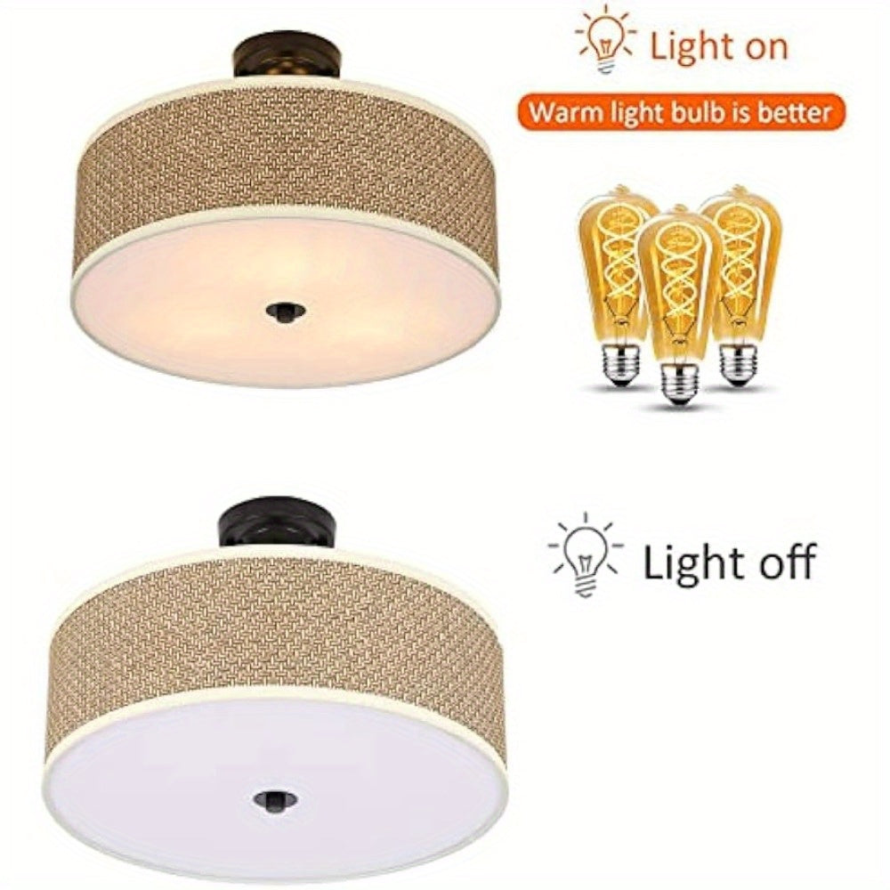 3 Light Pendant Lamp Cylindrical Shape 17" Close to Ceiling Light Semi Flush Mount Ceiling Light Fixture with Rattan Shade Chandelier for Living Room & Bedroom Home Decoration Tools