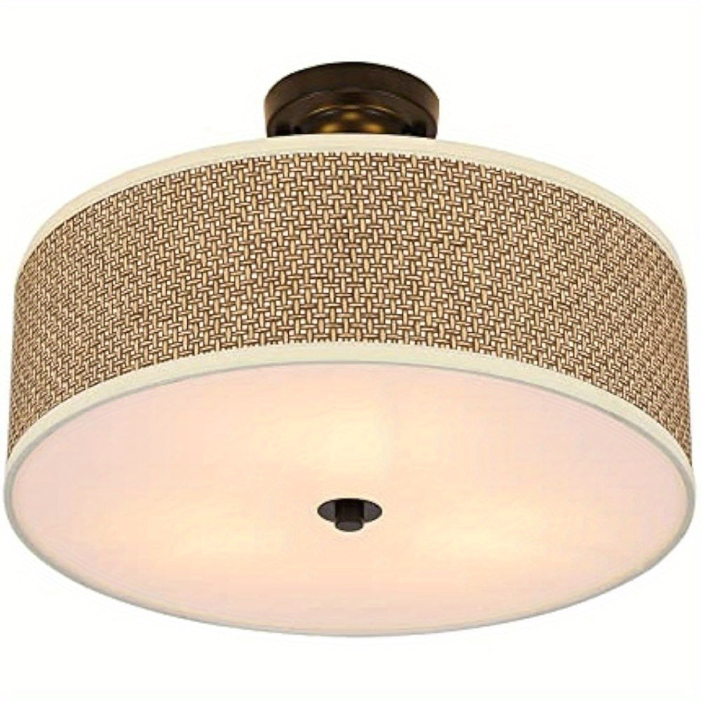 3 Light Pendant Lamp Cylindrical Shape 17" Close to Ceiling Light Semi Flush Mount Ceiling Light Fixture with Rattan Shade Chandelier for Living Room & Bedroom Home Decoration Tools