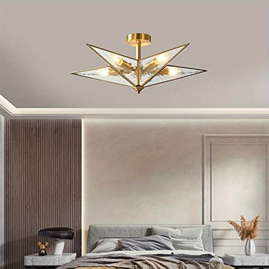 Vintage Five-Pointed Star Diamond Glass Gold Copper Semi Flush Mount Lighting Brass Ceiling Light Fixture Creative Sputnik Chandelier Lighting for Bedroom Kitchen Dining Room Hallway Entryway Home Decoration Tools