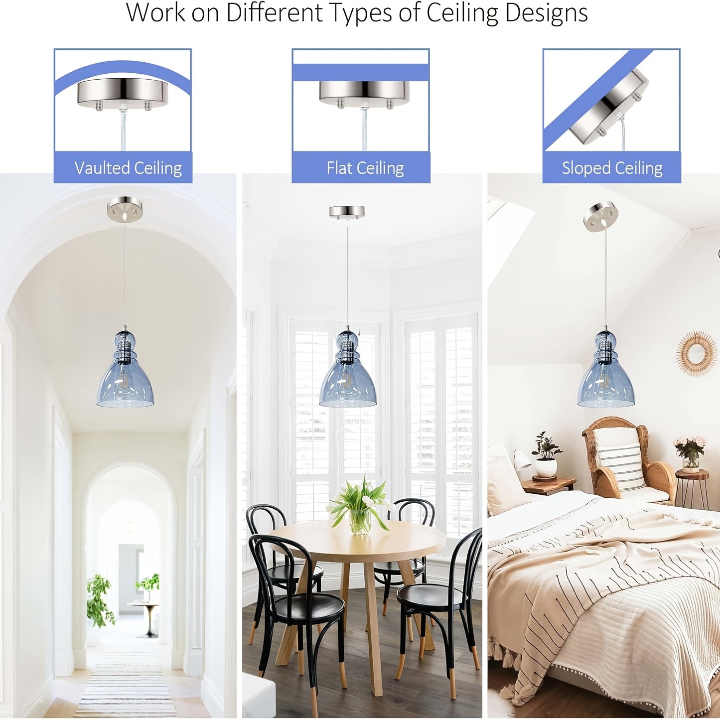 Blue Glass Pendant Lights For Kitchen Island: Modern Industrial Hanging Ceiling Light Fixture With 6.5'' Handblown Clear Glass Shade For Farmhouse Bedroom Dining Room Sink Bar 2 Packs