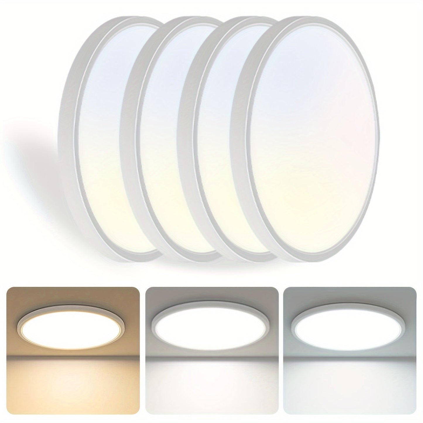 4 Pack Flush Mount Ceiling Light, 12 LED Inch Low Profile Flat Lights Fixture 3000K/4000K/6000K 3CCT, 24W 2400LM Round Slim Panel Kitchen Ceiling Light For Bedroom, Hallway (White)