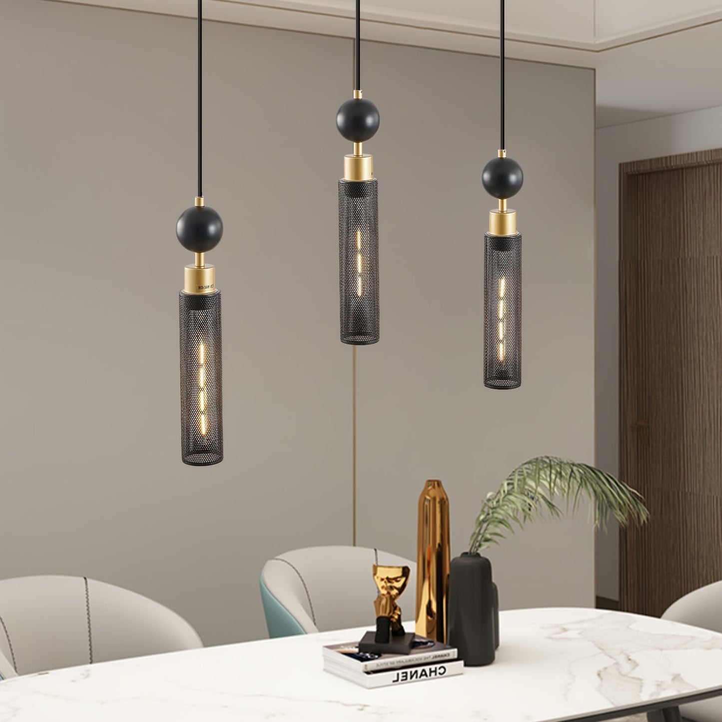 Modern Black 3-Light Pendant Chandelier, Adjustable Hanging Lights with Cylindrical Mesh Shades, E26 Socket, Ideal for Dining Room, Kitchen Island, or Living Room Lighting (Bulb Not Included)