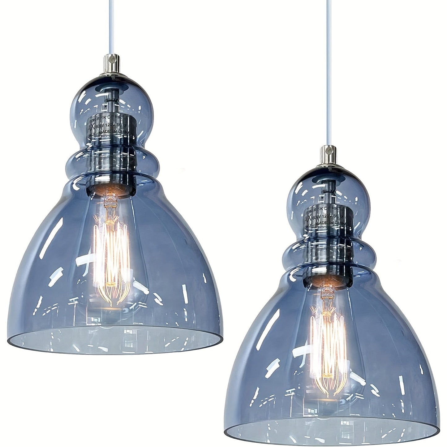 Blue Glass Pendant Lights For Kitchen Island: Modern Industrial Hanging Ceiling Light Fixture With 6.5'' Handblown Clear Glass Shade For Farmhouse Bedroom Dining Room Sink Bar 2 Packs