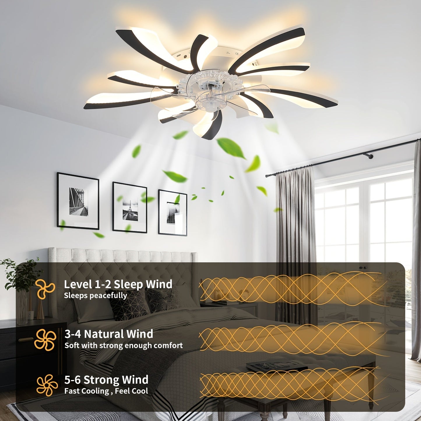 Modern Ceiling Fans with Lights and Remote, Dimmable Low Profile Ceiling Fan, Flush Mount Bladeless Ceiling Fan, Stepless Color Temperature