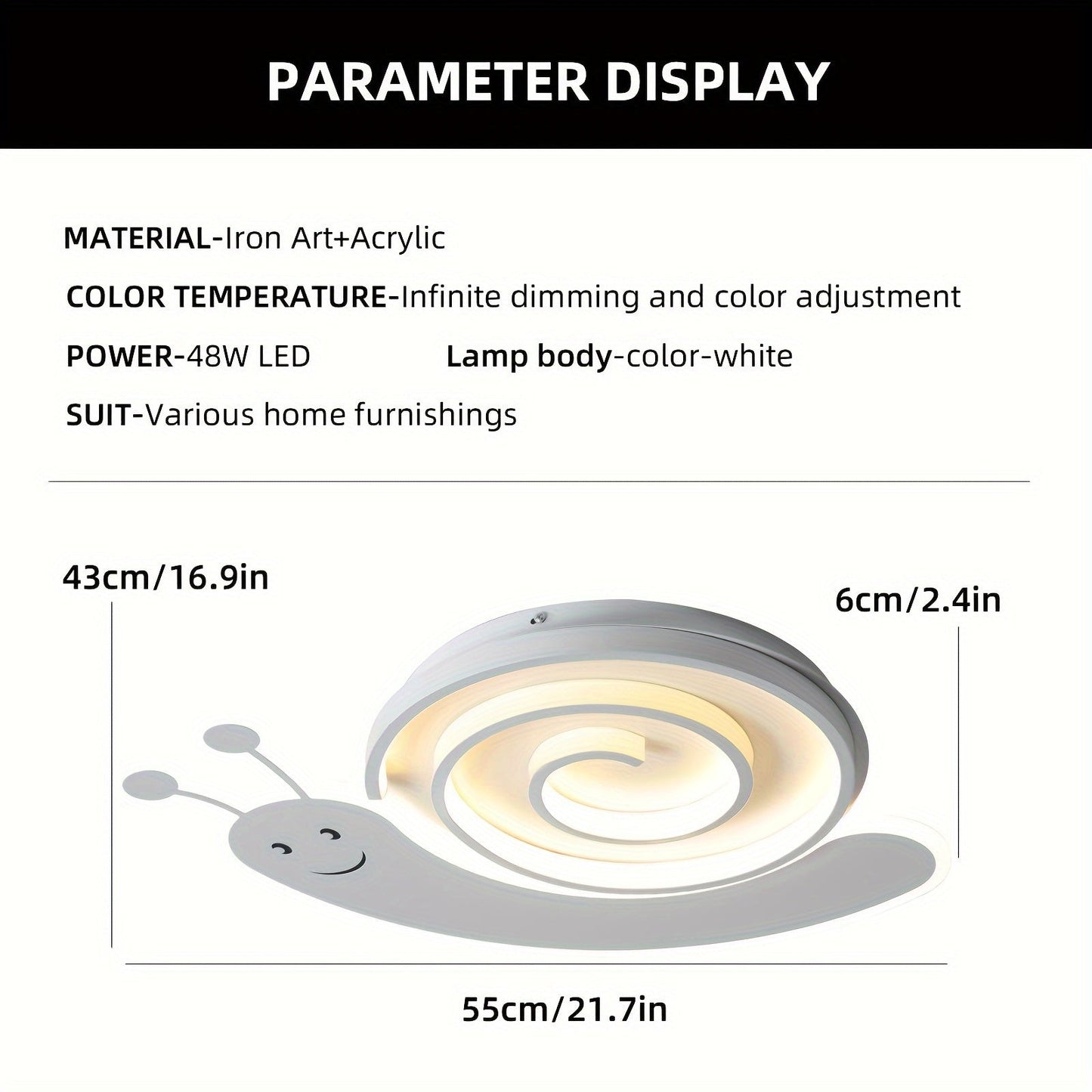 48W Snail-Shaped Dimmable Ceiling Light - Remote Control, White, Creative Design for Kids' Bedroom, Office, Kindergarten - Energy-Efficient, Eye-Catching, Easy Installation