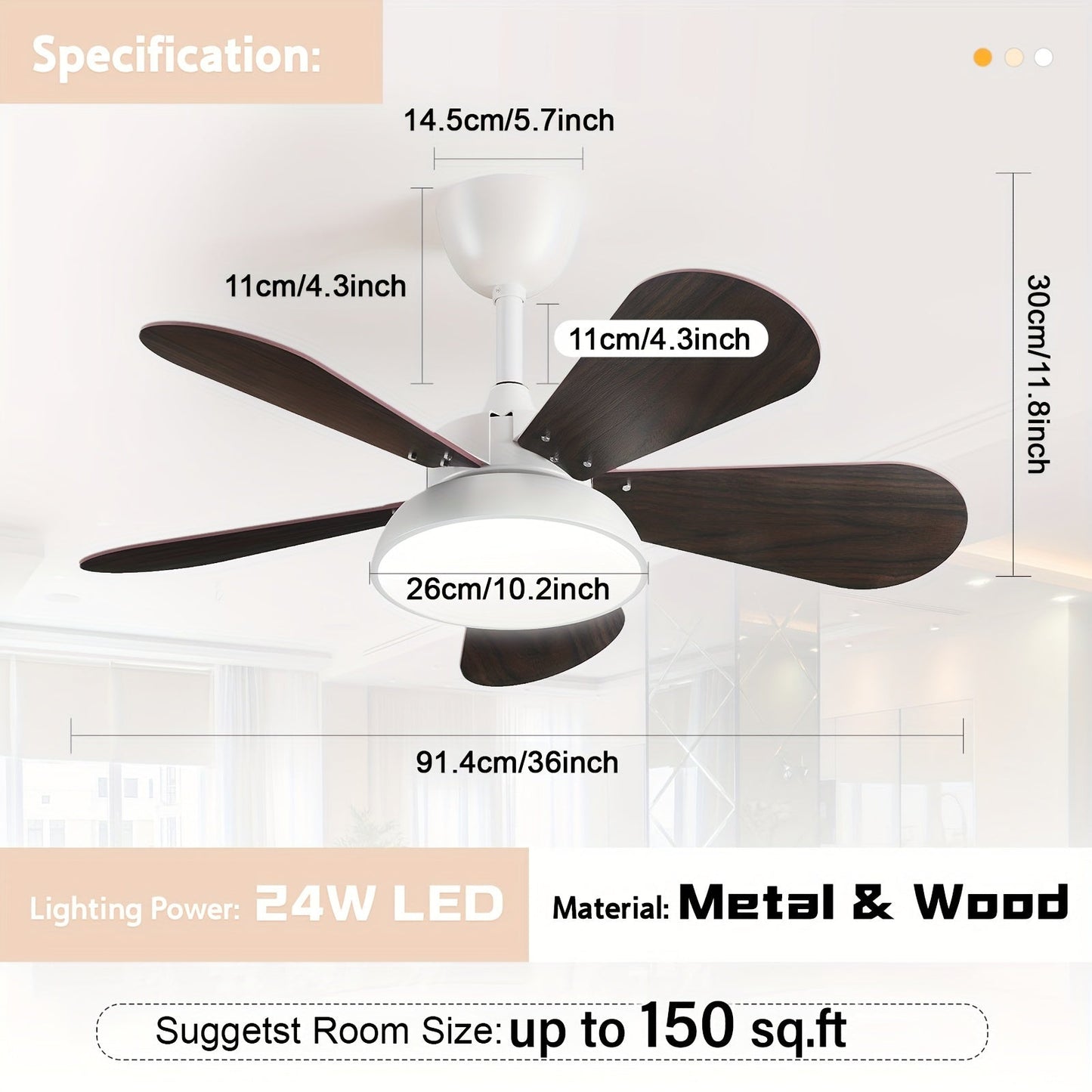 ceiling fan with light Wood grain 5-blade white ceiling fan light, 36-inch 24W stepless dimming with mobile phone APP