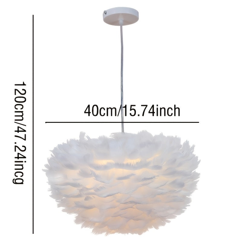 Modern Nordic-Inspired Feather Chandelier with Adjustable Shade - Romantic White & Grey, Perfect for Dining Room and Bedroom Decor