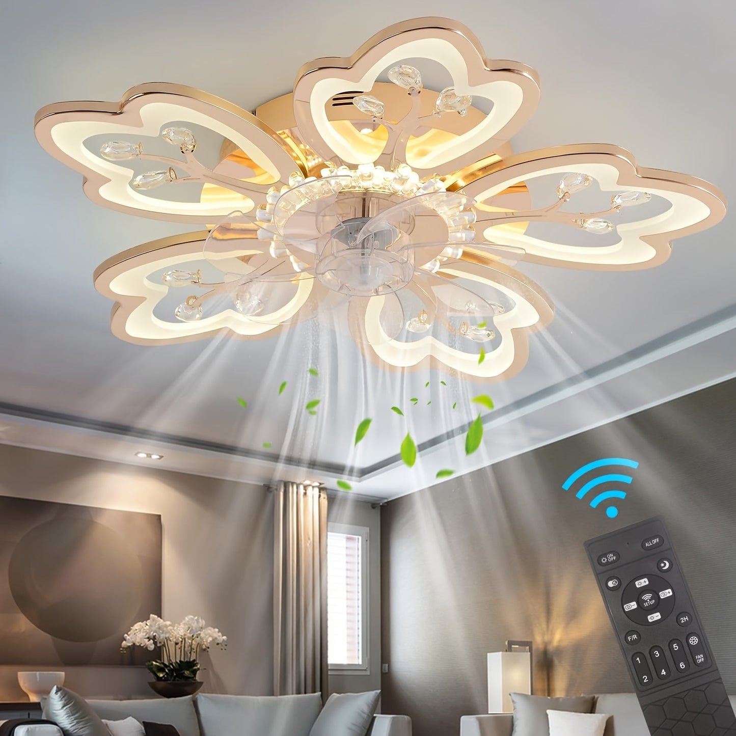 26 In Flower Ceiling Fan With Lights Remote Control - 6 Speed 3 Color Dimmable Ceiling Lamp With Invisible Blades For Living Room Bedroom (Gold)