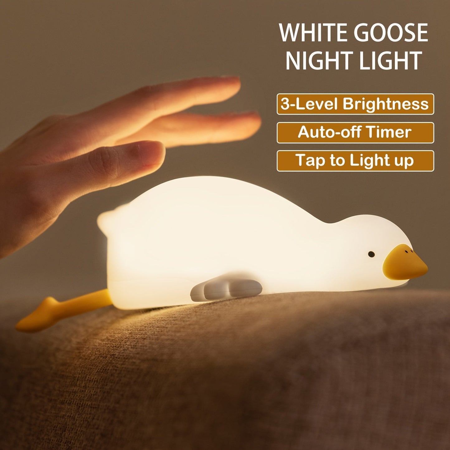 Cute White Goose LED Night Light - 3-Level Dimmable, Touch Control, USB Rechargeable with Auto-Off Timer for Bedroom Ambiance