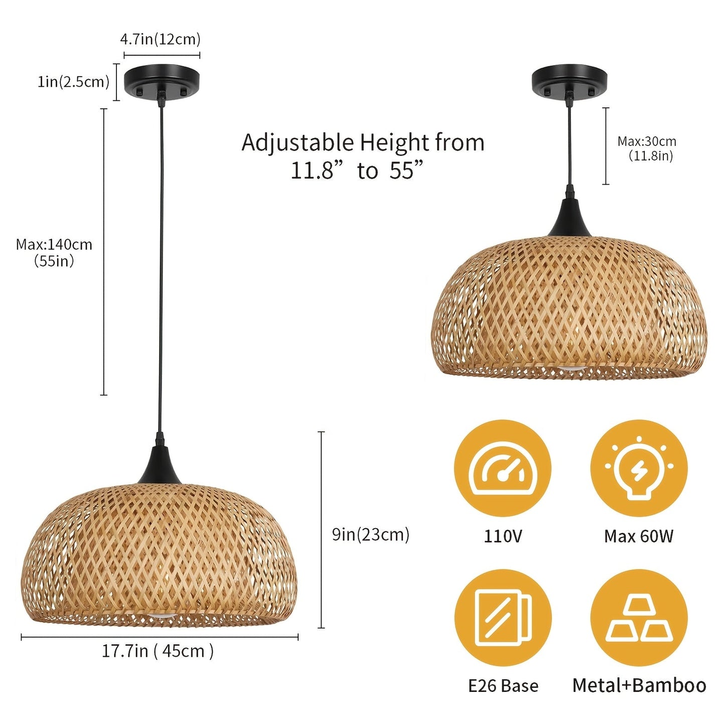 1pc Rustic Bamboo Chandelier Pendant Light, Semi Flush Mount Handmade Woven Rattan Ceiling Fixture, Dimmable Metal Detachable Lamp Shade, Hard-Wired 110-240V for Farmhouse, Living Room, Restaurant, Bedroom, Corridor