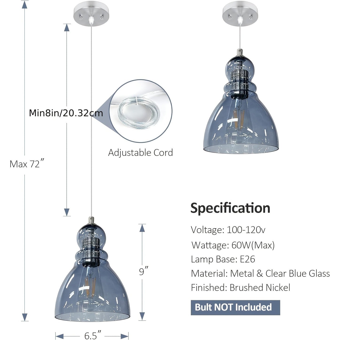 Blue Glass Pendant Lights For Kitchen Island: Modern Industrial Hanging Ceiling Light Fixture With 6.5'' Handblown Clear Glass Shade For Farmhouse Bedroom Dining Room Sink Bar 2 Packs