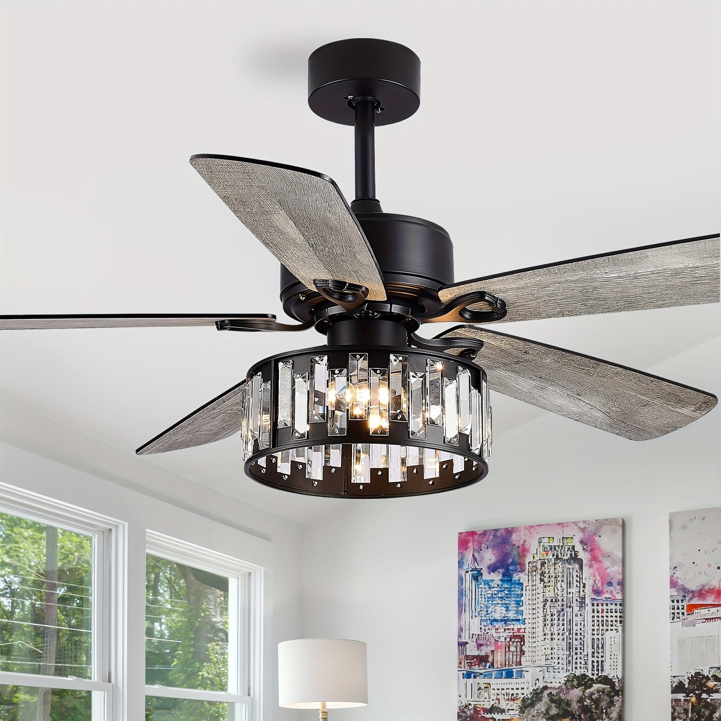 Ceiling Fan With Light, 52'' Farmhouse Downrod Ceiling Fan Lights With Remote Control, Modern And Industrial, 3x E12 Bulb Not Included, Ceiling Fans With Reversible Motor Living Room Bedroom Kitchen, Black