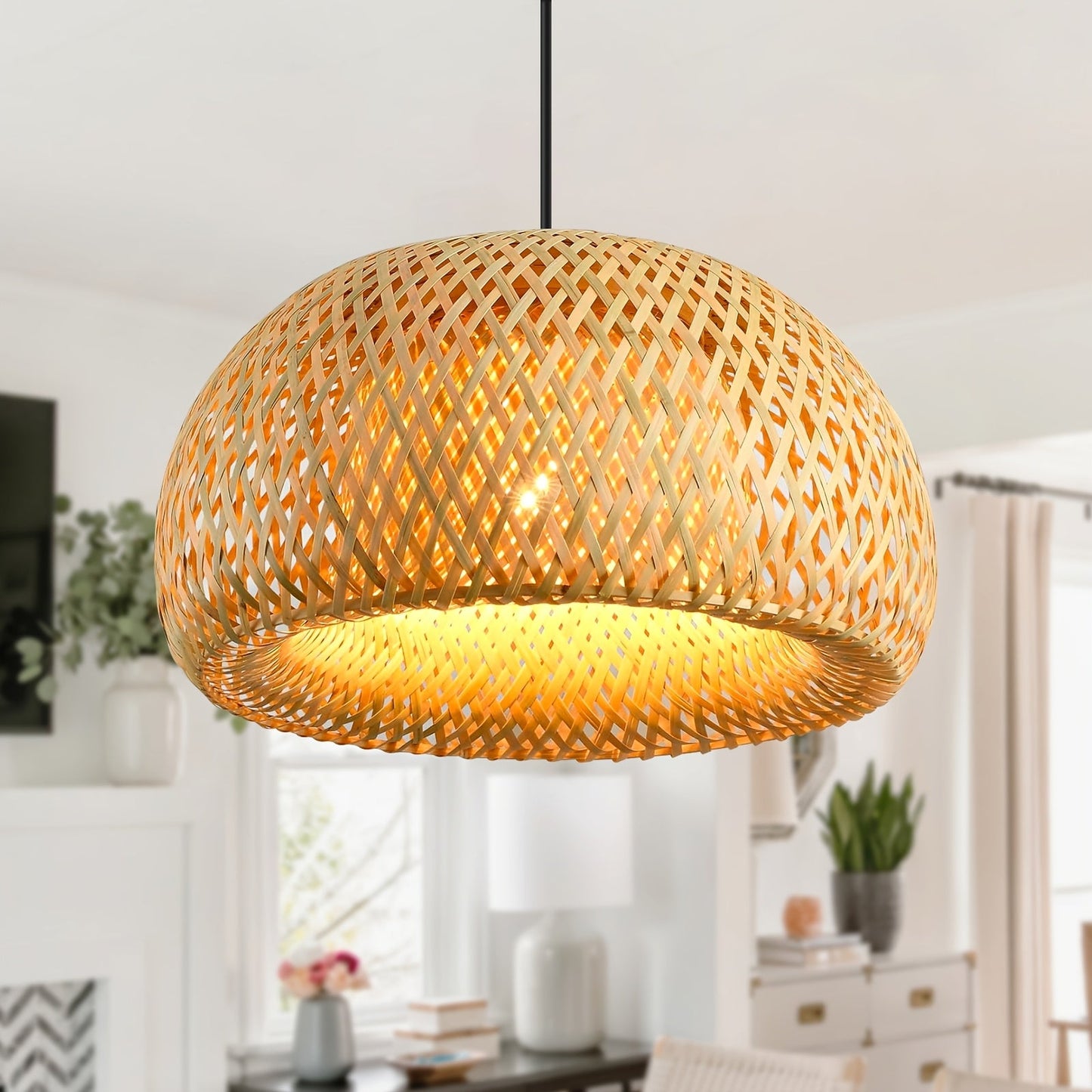 1pc Rustic Bamboo Chandelier Pendant Light, Semi Flush Mount Handmade Woven Rattan Ceiling Fixture, Dimmable Metal Detachable Lamp Shade, Hard-Wired 110-240V for Farmhouse, Living Room, Restaurant, Bedroom, Corridor