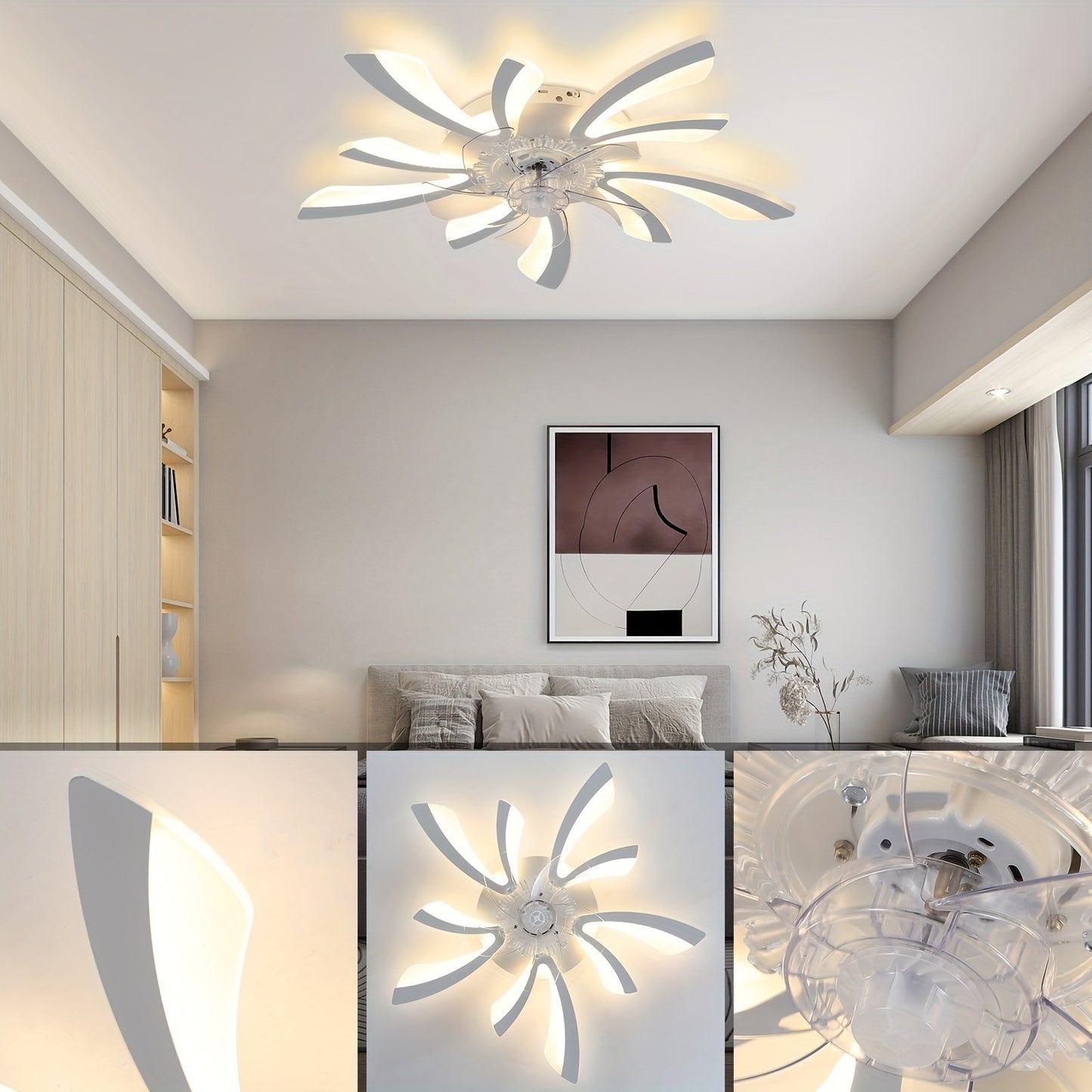 Modern Ceiling Fans with Lights and Remote, Dimmable Low Profile Ceiling Fan, Flush Mount Bladeless Ceiling Fan, Stepless Color Temperature