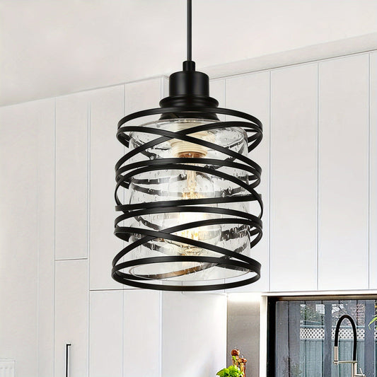 1pc Modern Black Spiral Pendant Light, Metal Chandelier, Flush Mount, Hardwired, Matte Finish, with Clear Glass Shade, for Kitchen Island, Dining Room, Bedroom, Foyer, Hallway, Bar - No Bulb Included