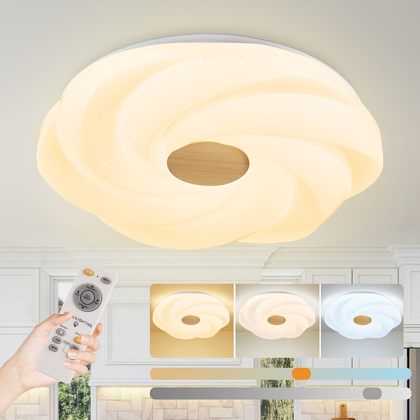 Japanese Style 35w/48w Dimmable Led Ceiling Light With Flower Shape, 15 Inch/19 Inch, 3 Cct Remote-Controlled For Bedroom, Entryway, Living Room; Includes Timing Feature