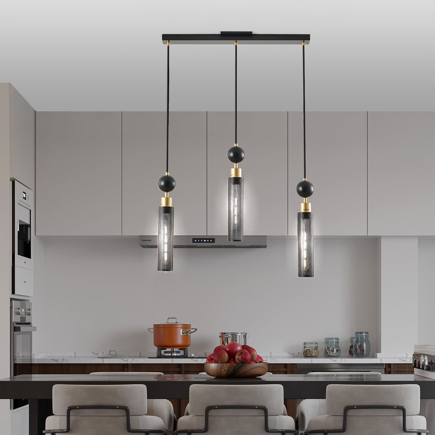 Modern Black 3-Light Pendant Chandelier, Adjustable Hanging Lights with Cylindrical Mesh Shades, E26 Socket, Ideal for Dining Room, Kitchen Island, or Living Room Lighting (Bulb Not Included)