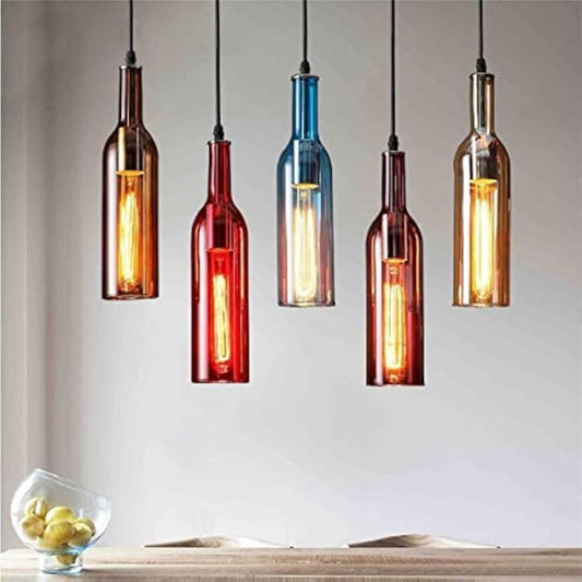 Vintage-Inspired 5-Light Glass Wine Bottle Chandelier - Adjustable Chain, Multi-Color Pendant Lamp for Living Room, Kitchen Island, Bar & Cafe Decor