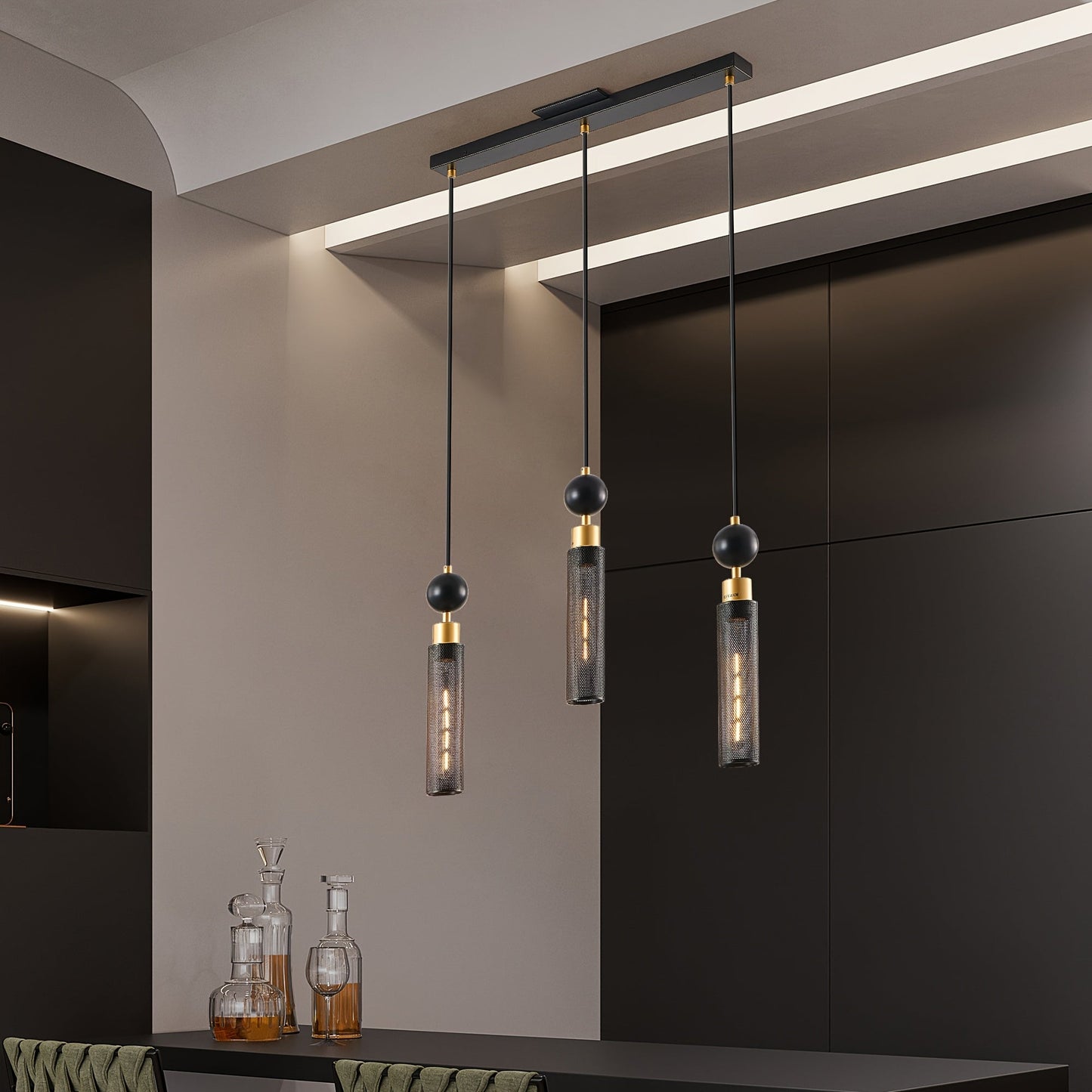 Modern Black 3-Light Pendant Chandelier, Adjustable Hanging Lights with Cylindrical Mesh Shades, E26 Socket, Ideal for Dining Room, Kitchen Island, or Living Room Lighting (Bulb Not Included)