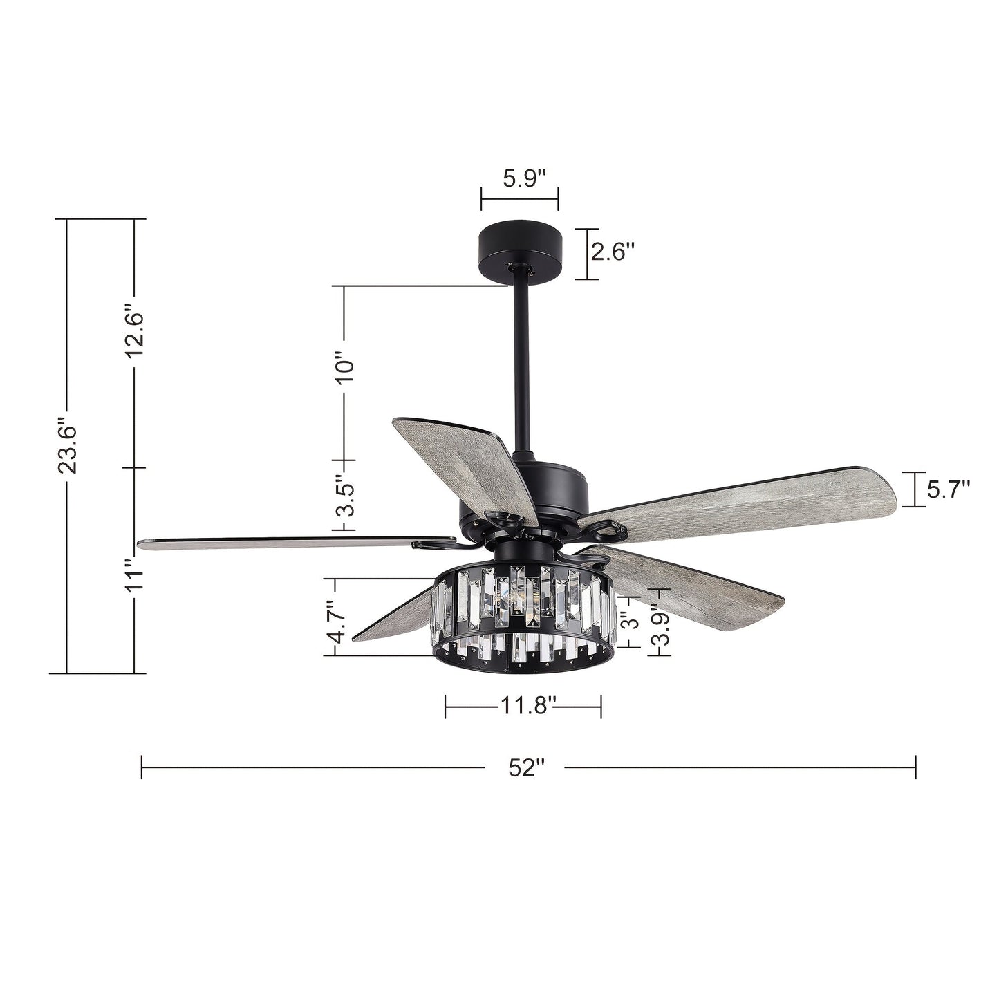 Ceiling Fan With Light, 52'' Farmhouse Downrod Ceiling Fan Lights With Remote Control, Modern And Industrial, 3x E12 Bulb Not Included, Ceiling Fans With Reversible Motor Living Room Bedroom Kitchen, Black