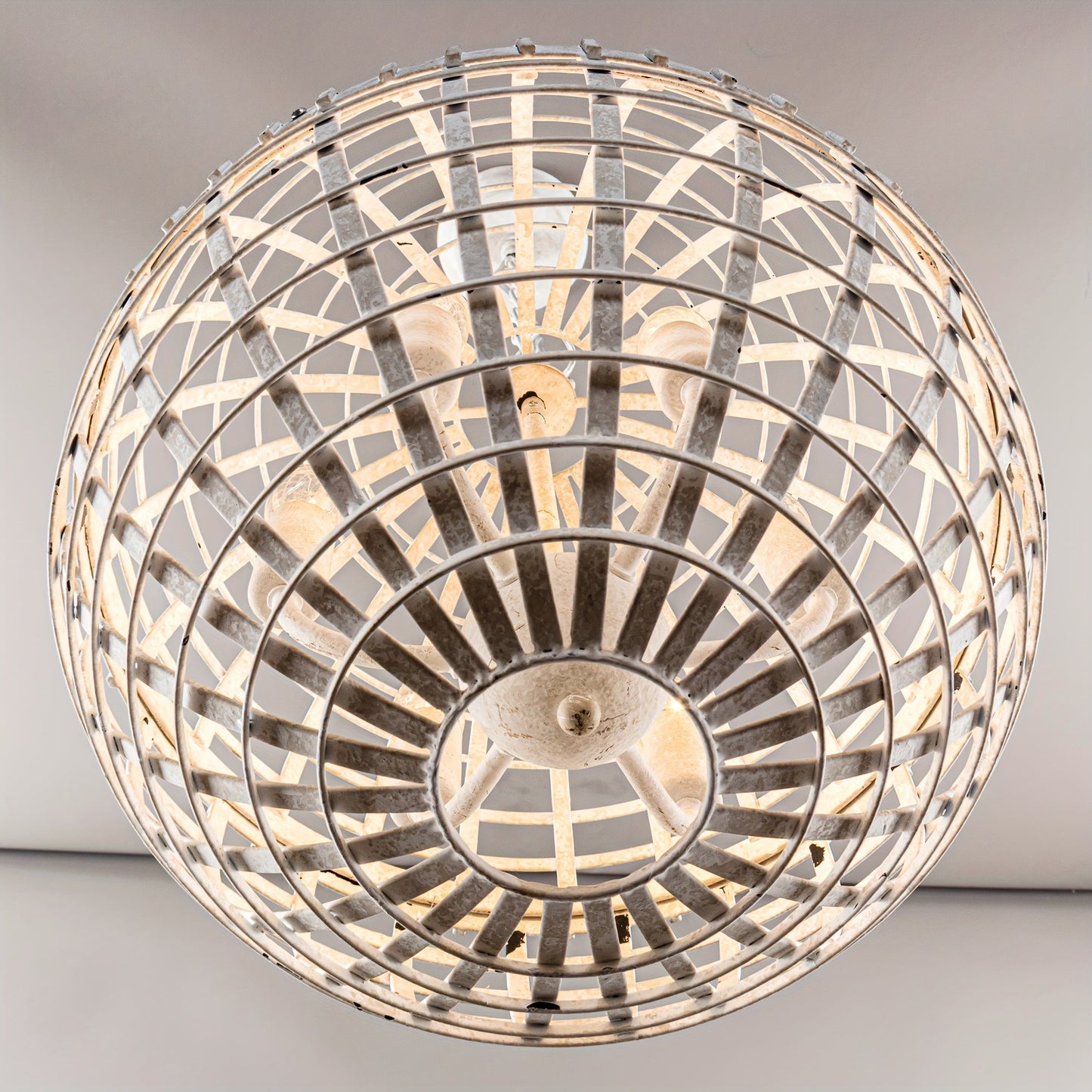 Mid-Century Modern 6-Light Antique White Orb Globe Metal Cage Chandelier Pendant Light