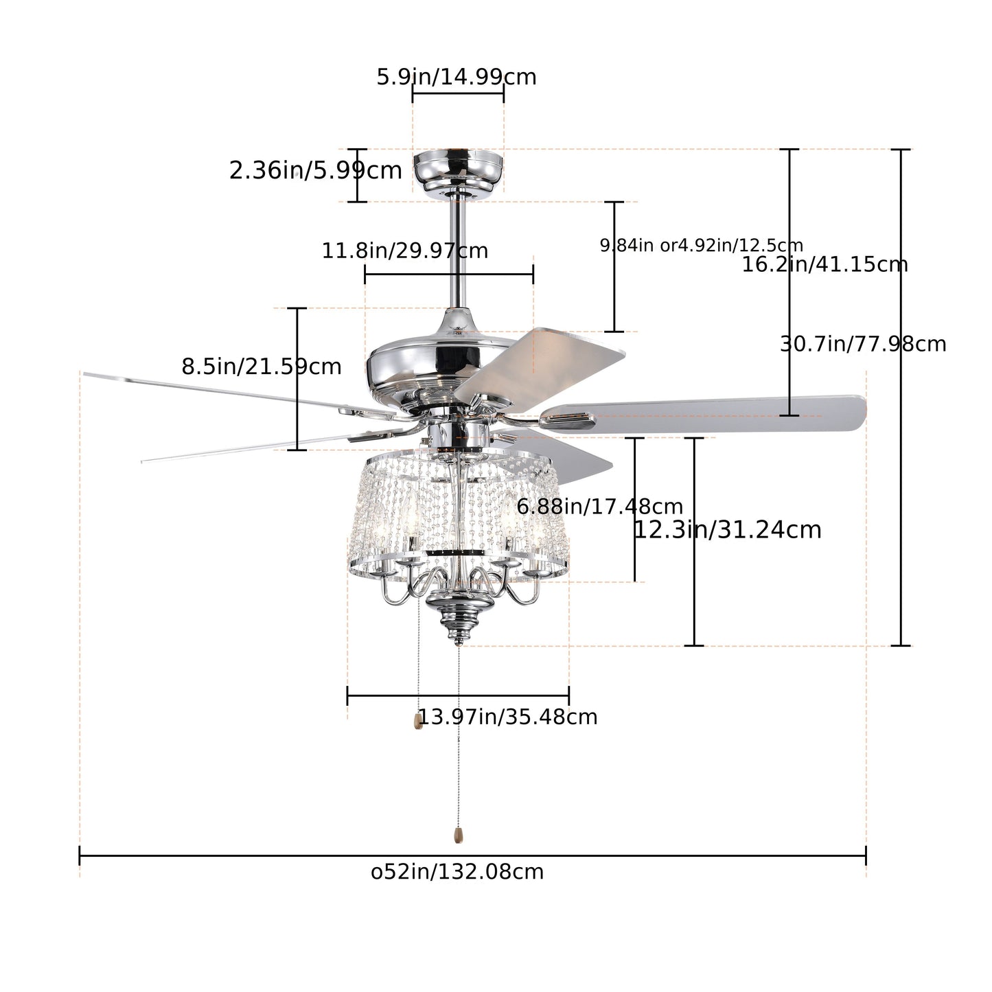 52in Silver Crystal Chandelier Ceiling Fan with Remote - Modern Elegant Design, Luxurious Sparkling Lights, Adjustable Speed, Silent Indoor Decor