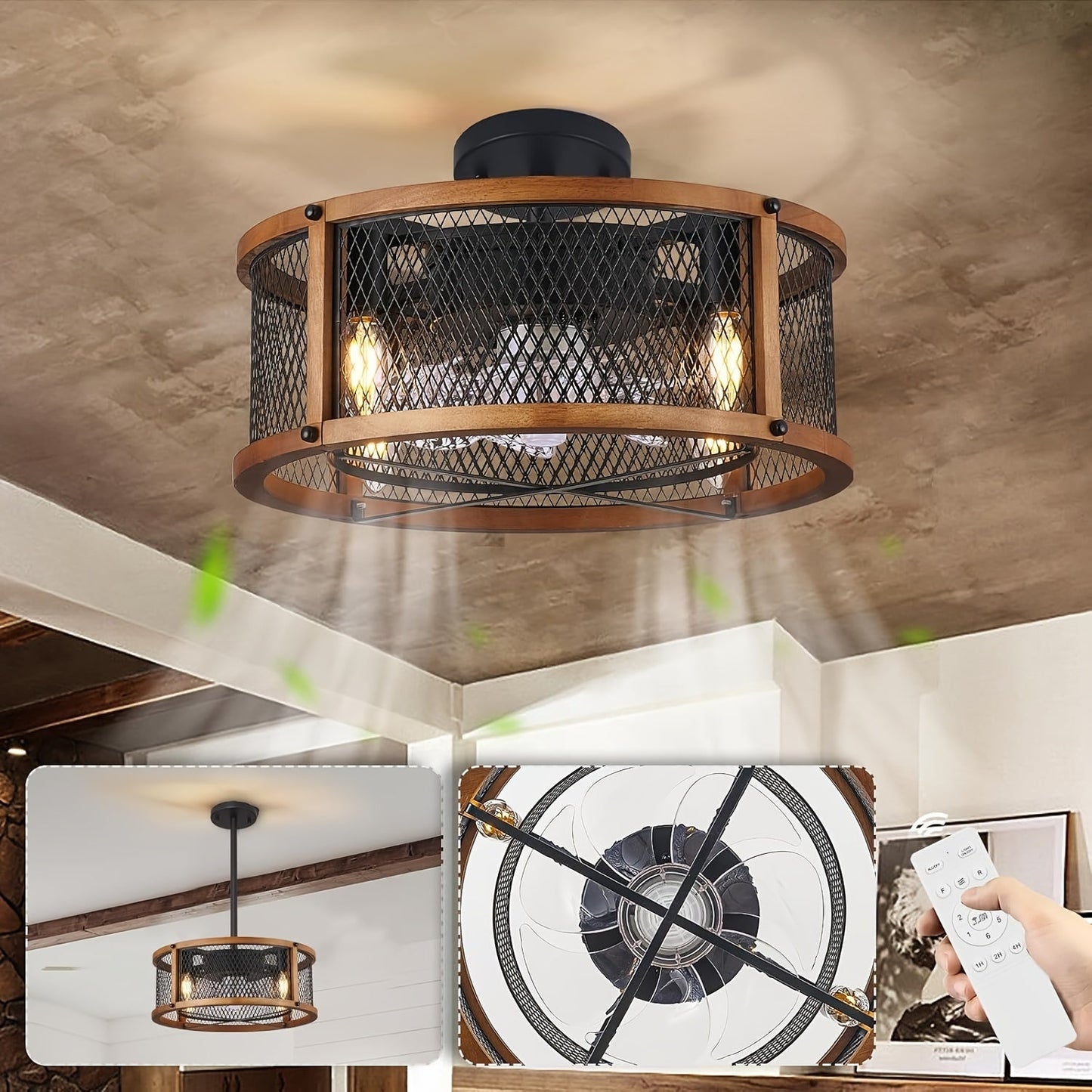 Vintage Ceiling Fan With Light Flush Mount Fan Light With Remote Control Caged Ceiling Fans Light Round With 4 Light Industrial Black For Living Room Bedroom Kitchen Farmhouse Kitchen