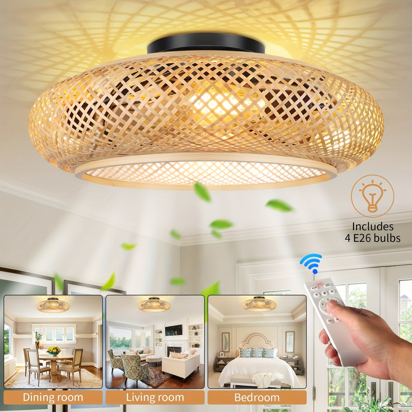 20" Boho Ceiling Fans With Lights Kit And Remote Control, Rattan Caged Flush Mount Ceiling Fan With Light