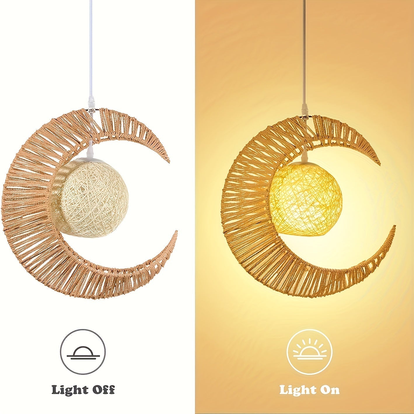 Modern Moon-Shaped Handwoven Pendant Light - Energy-Efficient Wicker Ceiling Lamp for Youngsters' Bedroom & Home Decor, Easy Install