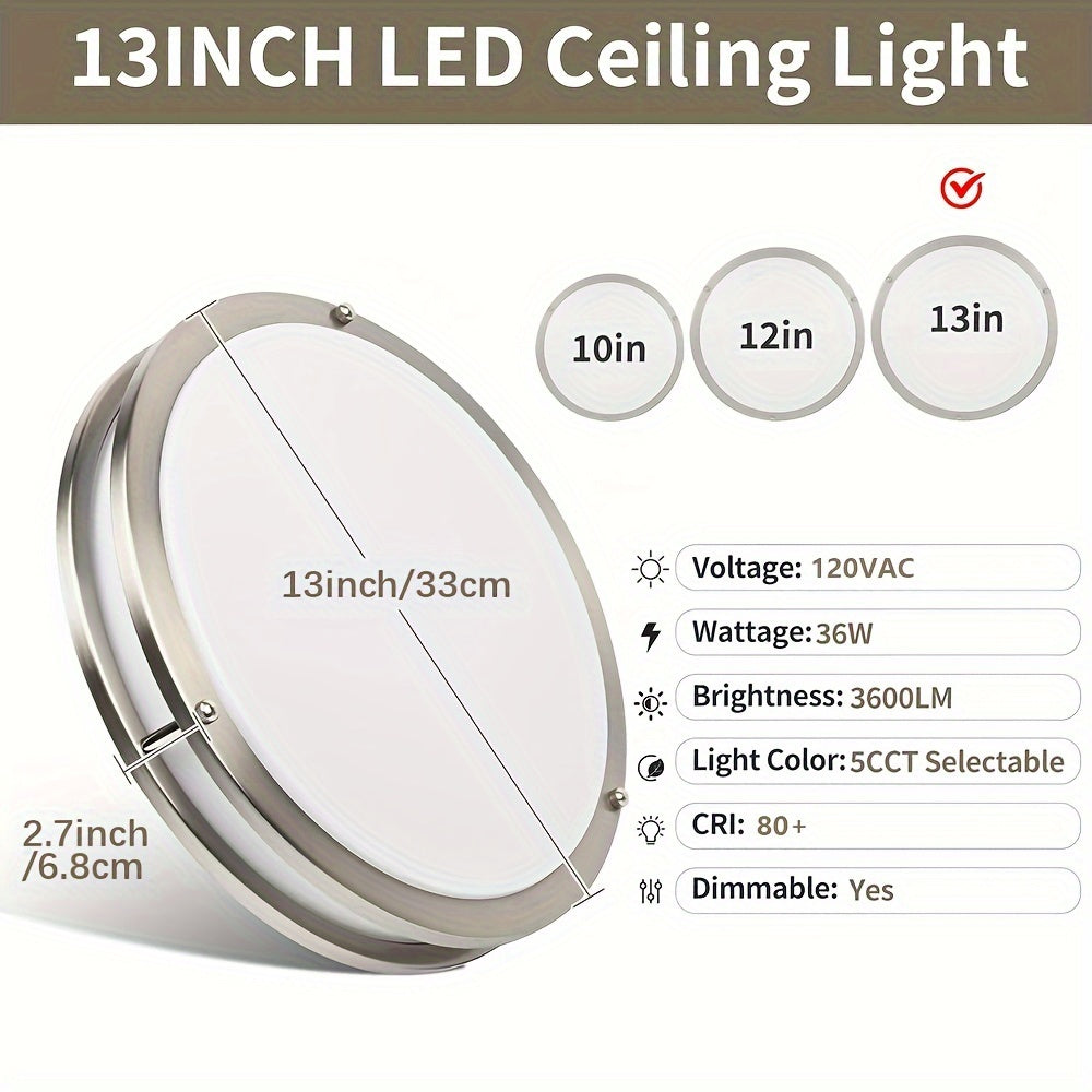 2 Pack 13 Inch 36W LED Embedded Ceiling Light - Brushed Nickel Circular Light, 5 CCT 2700K/3000K/4000K/5000K/6000K, Dimmable Dual Ring Light Fixture, For Kitchen, Living Room Or Bedroom