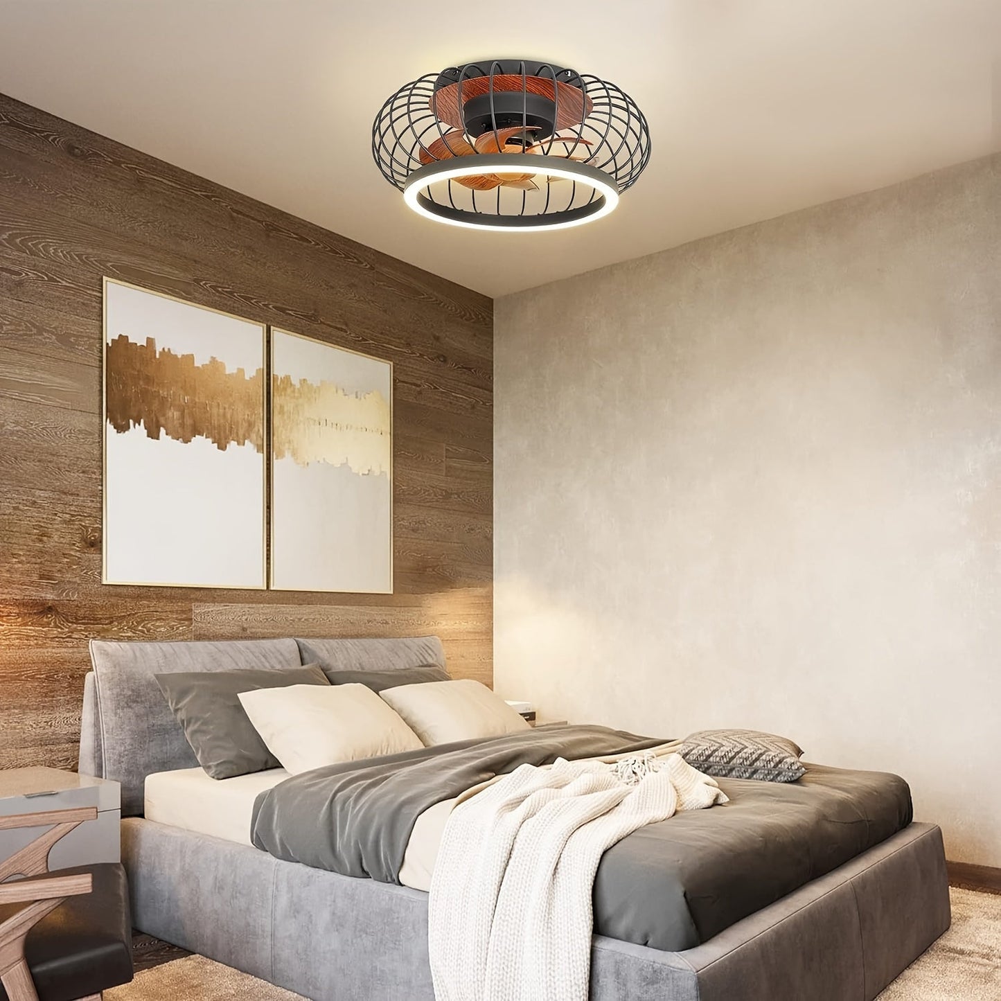 17 Inch Depuley Cage Ceiling Fan- Industrial Bladeless Ceiling Fan With Lights And Remote Control. Features 3 Speeds, Smart 18W LED Dimmable Lighting, And Flush Mount Design. 3 Color Changeable