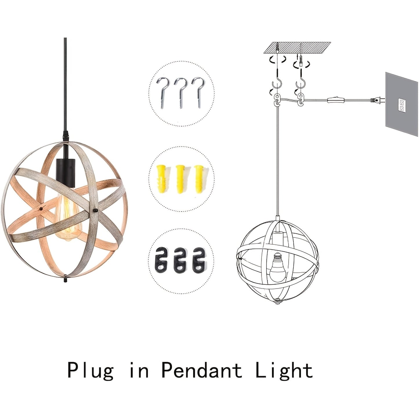 1pc Rustic Industrial Spherical Pendant Light - Adjustable Metal Chandelier with 15 Ft Cord, On/Off Switch, E26 Bulb Base, Semi-Flush Mount, Hard-Wired 110-130V, Includes Installation Hardware