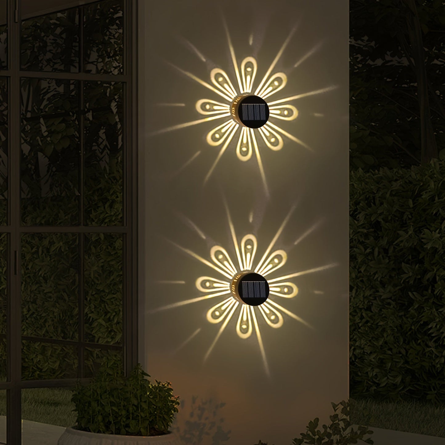 Two Solar Wall Sconces, Solar Outdoor Fence Light Shadow Wall Sconces For Porch, Deck, Fence, Patio, Front Door, Staircase, Provides Warm White Decorative Lighting From Dusk Till Dawn