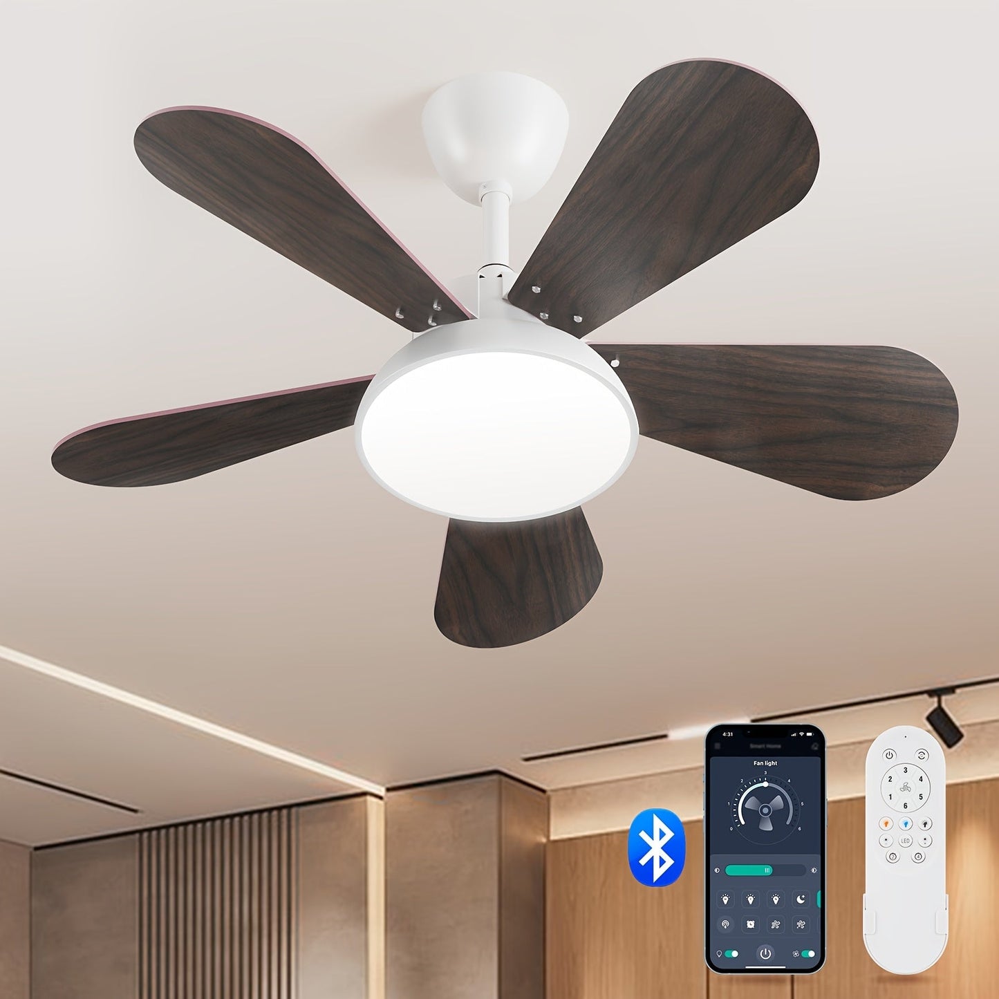 ceiling fan with light Wood grain 5-blade white ceiling fan light, 36-inch 24W stepless dimming with mobile phone APP