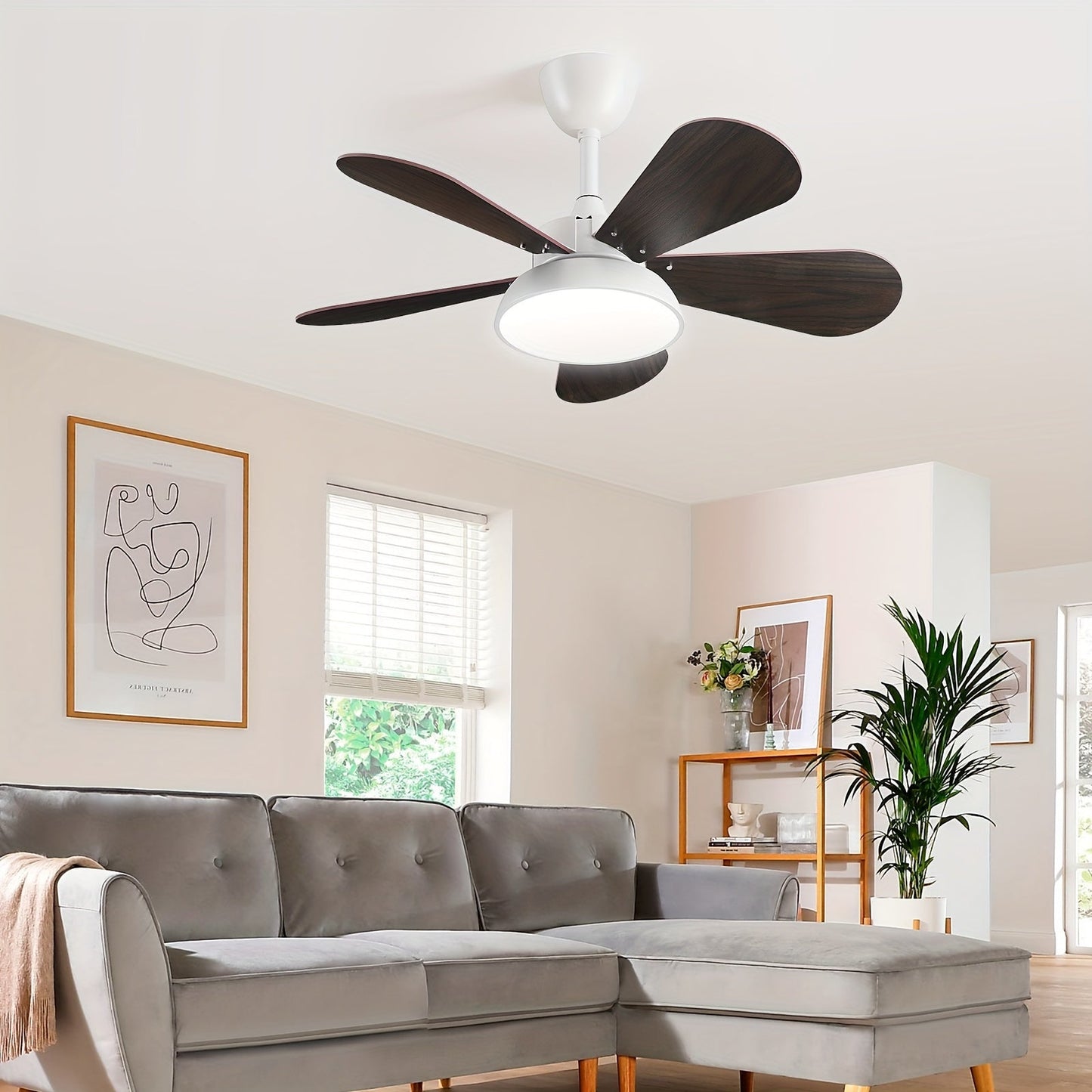 ceiling fan with light Wood grain 5-blade white ceiling fan light, 36-inch 24W stepless dimming with mobile phone APP