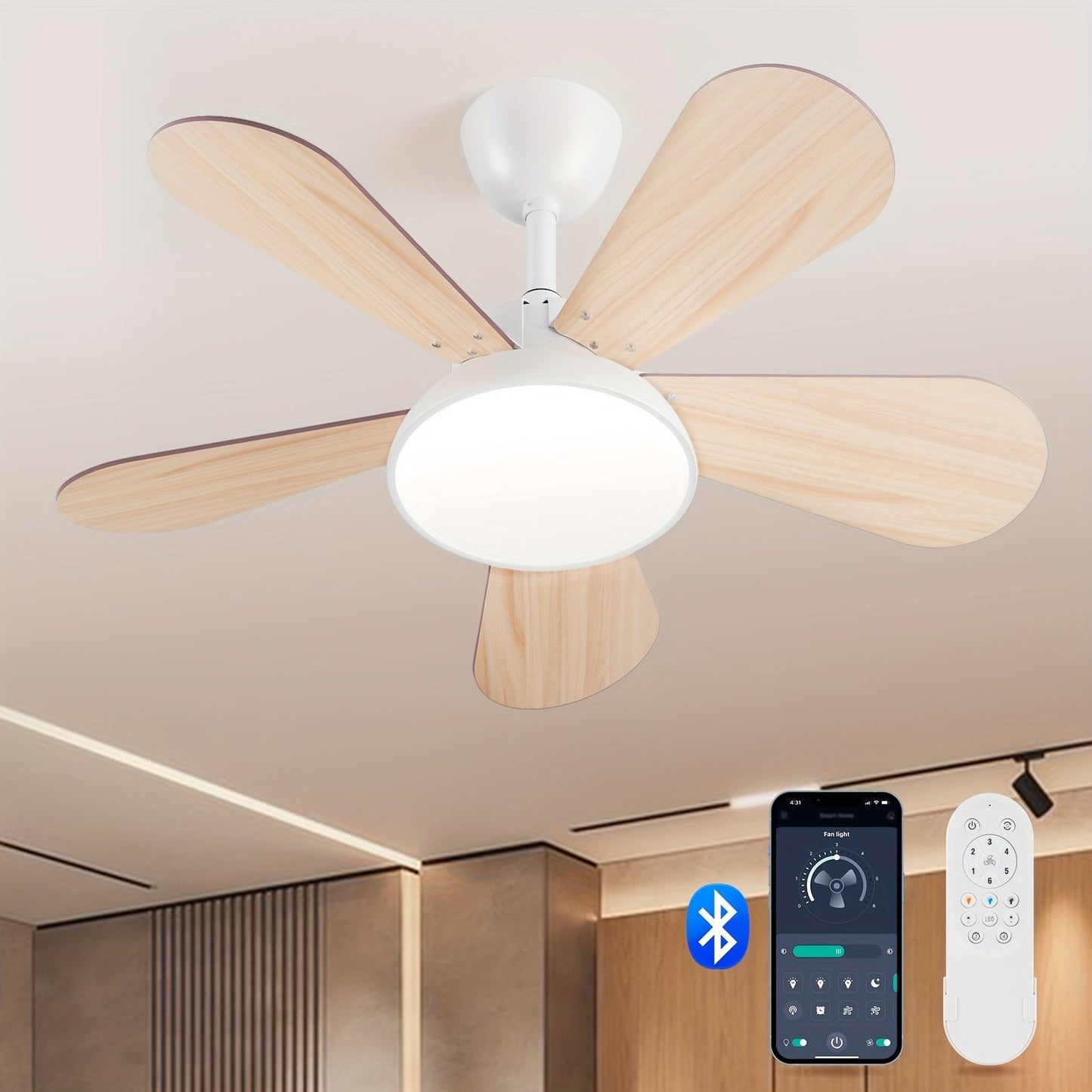 ceiling fan with light Wood grain 5-blade white ceiling fan light, 36-inch 24W stepless dimming with mobile phone APP